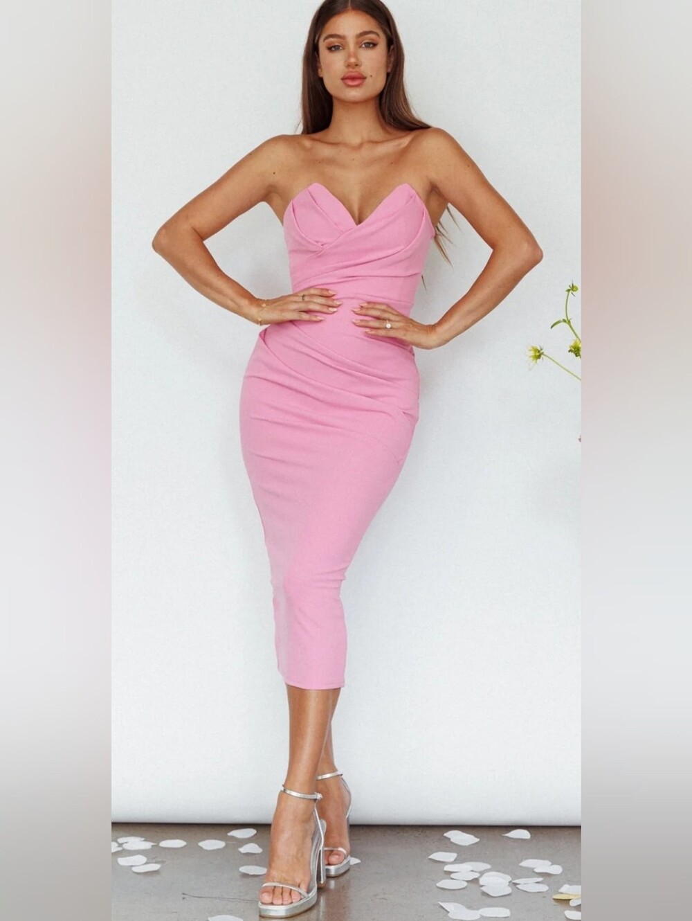 NWT Here Comes The Sun Yours Alone Gathered Detail Midi Bodycon Dress Pink XS